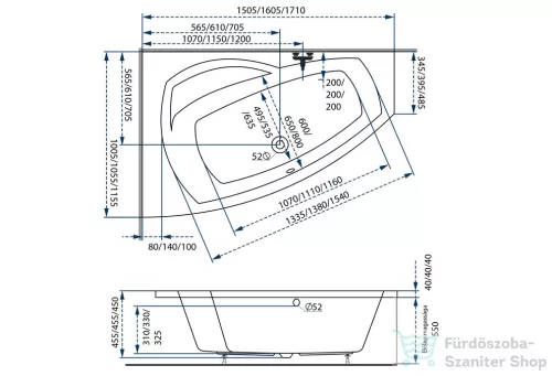M-Acryl Claudia 160x105 cm-es aszimmetrikus kád, balos 12398