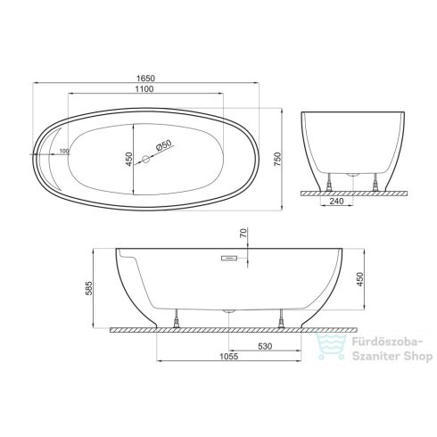 M-Acryl Zen 165x75 cm-es szabadonálló kád 12497