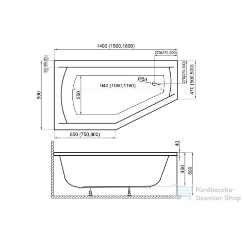 M-Acryl Venus 160x90 cm-es aszimmetrikus kád, jobbos 12574