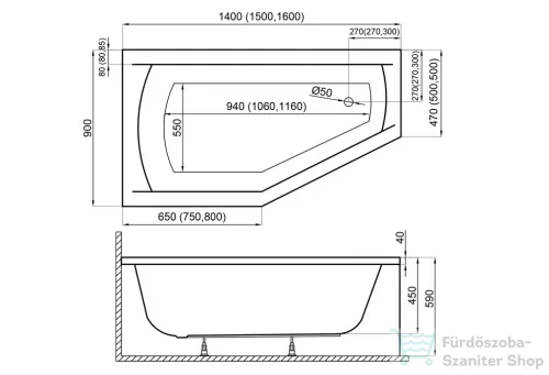 M-Acryl Venus 160x90 cm-es aszimmetrikus kád, jobbos 12574