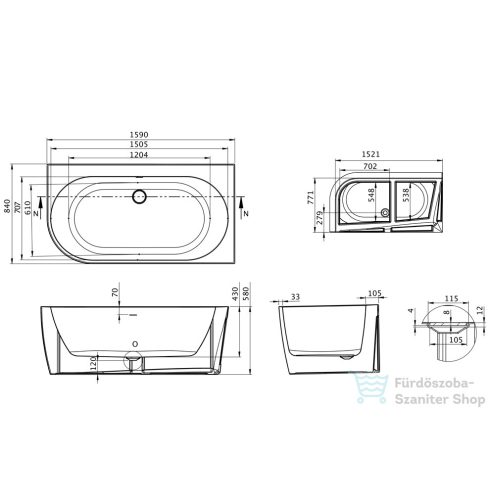 M-Acryl Harmony 159x84 cm-es balos szabadonálló akril kád, fehér 12586