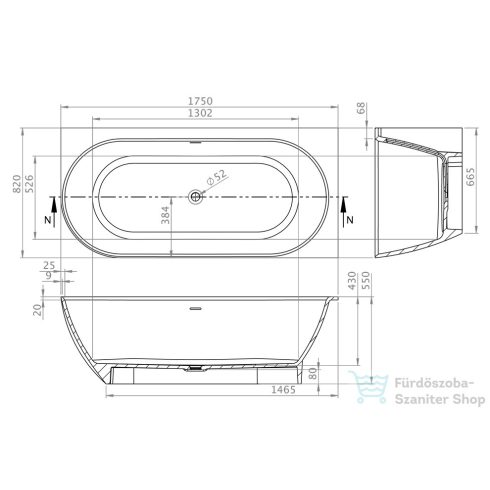 M-Acryl Lily 175x82 cm-es balos szabadonálló műmárvány kád, fehér 12599