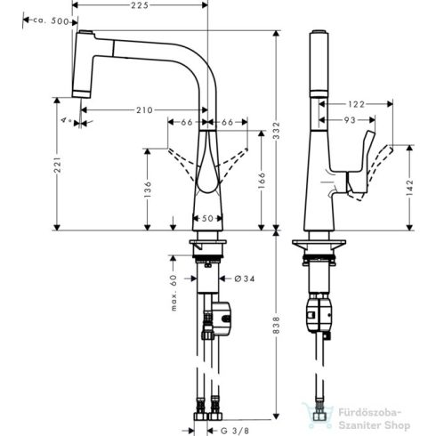 Hansgrohe HG Metris 220 konyhai csaptelep kihúzható zuhanyfejjel króm 14834000