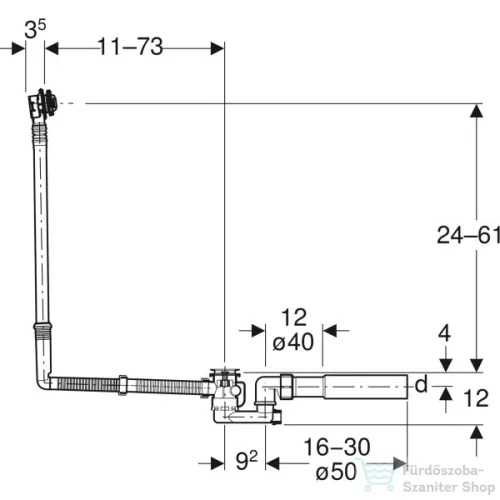 Geberit hosszított (73 cm) excenteres automata le- és túlfolyógarnitúra beépítőkészlet nélkül,króm 150.505.00.6