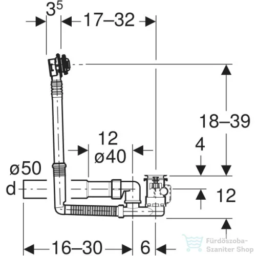 Geberit 32 cm-es excenteres automata le- és túlfolyógarnitúra beépítő készlet nélkül,ellenáram elvvel,150.595.00.6