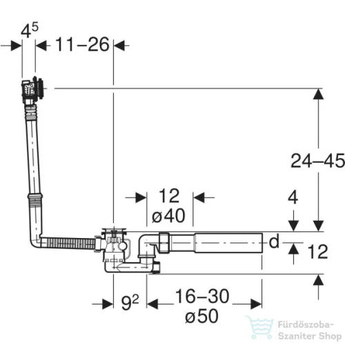 Geberit 26 excenteres automata le- és túlfolyógarnitúra összefolyóval, beépítő készlet nélkül 150700006