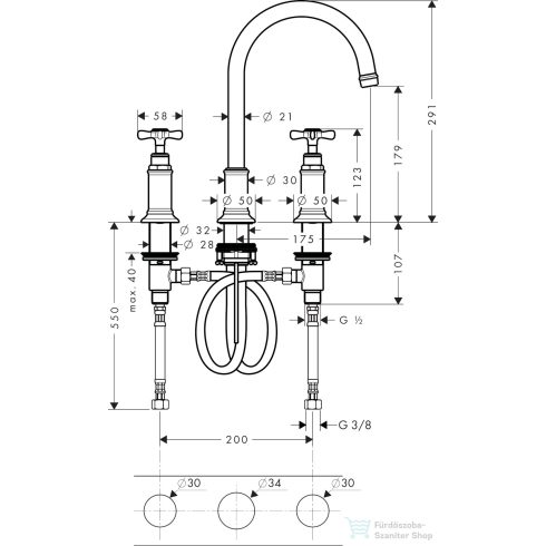 Hansgrohe AXOR MONTREUX 3 üléses mosdó csaptelep DN15, automata leeresztővel,szálcsiszolt sárgaréz hatású 16513950