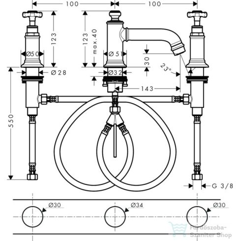 Hansgrohe AXOR MONTREUX 3 üléses mosdó csaptelep automata leeresztővel,szálcsiszolt arany hatású 16536250