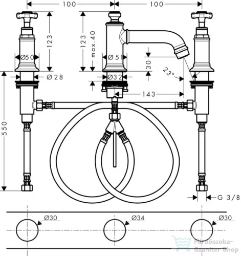 Hansgrohe AXOR MONTREUX 3 üléses mosdó csaptelep automata leeresztővel,polírozott arany hatású 16536990