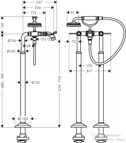 Hansgrohe AXOR MONTREUX szabadon álló kádtöltő csaptelep zuhanyszettel,szálcsiszolt fekete króm 16553340
