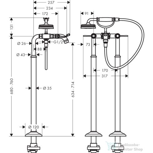 Hansgrohe AXOR MONTREUX szabadon álló kádtöltő csaptelep zuhanyszettel,polírozott arany hatású 16553990