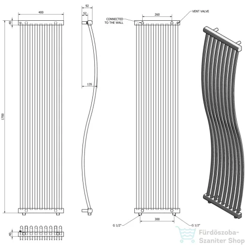Sapho ONDA fürdőszoba radiátor, króm, 425 W, 400x1700 mm 1801-05