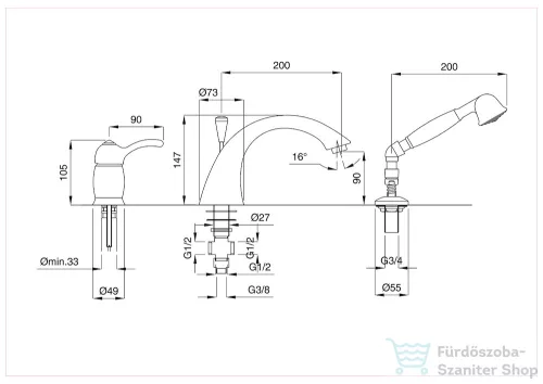 Bugnatese LEM 3 üléses kádtöltő csaptelep, zuhanyszettel, matt bronz 1950BO