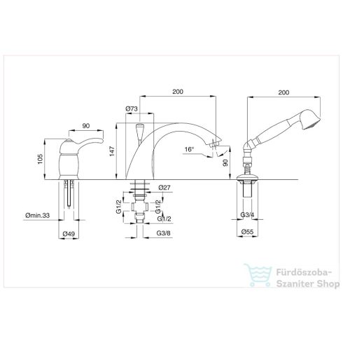 Bugnatese LEM Peremre szerelt 3 üléses kádcsaptelep, króm színben 1950