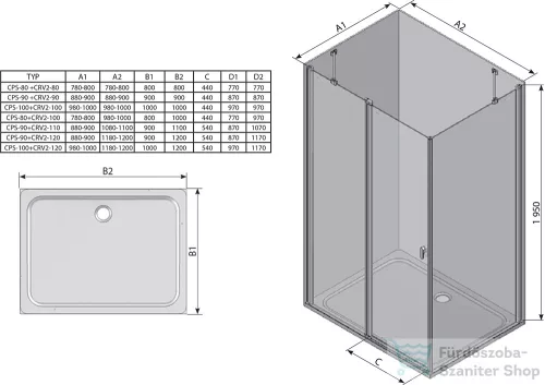 Ravak CHROME CRV2+CPS 90x80 cm-es nyílóajtós zuhanykabin fix oldalfallal,fehér/transparent 1QV70100Z1SET90CPS80