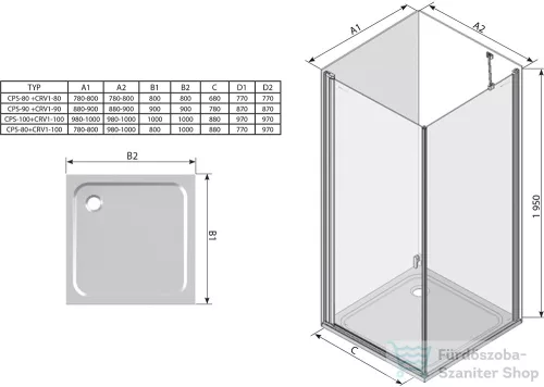 Ravak CHROME CRV1+CPS 100x80 cm-es nyílóajtós,zuhanykabin oldalfallal,szatén/transparent 1QVA0U01Z1SET100CPS80