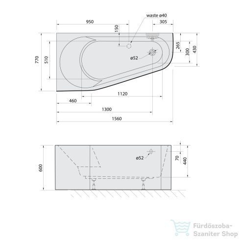 Sapho POLYSAN PROJEKTA L MONOLITH aszimmetrikus kád, balos, sarokba, 156x77x60cm, fehér/fekete (20111MB)