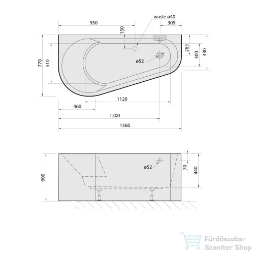 Sapho POLYSAN PROJEKTA DL MONOLITH aszimmetrikus kád, balos, falhoz, 156x77x60cm, fehér/fekete (20111MDLB)