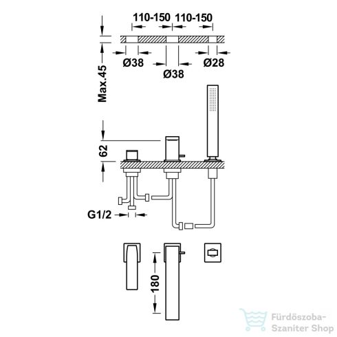 Tres SLIM EXCLUSIVE kádtöltő csaptelep, matt arany 20216103OM