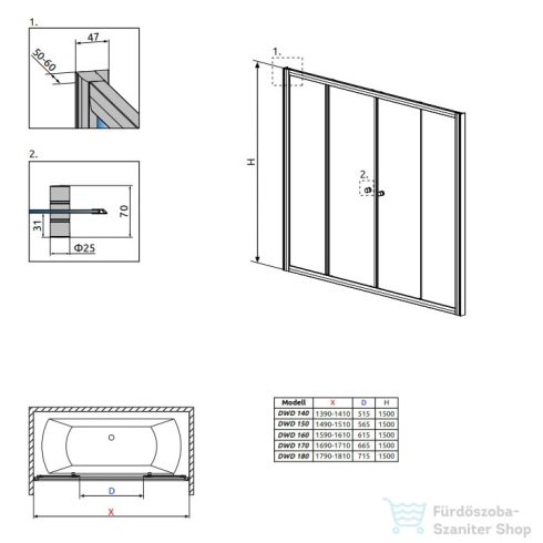 Radaway Vesta DWD 160 tólóajtós kádparaván