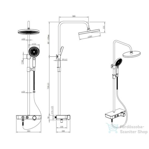 Kielle OUDEE termosztátos zuhanyrendszer 26 cm-es fejzuhannyal,zuhanyszettel,matt fekete/fehér 20602004