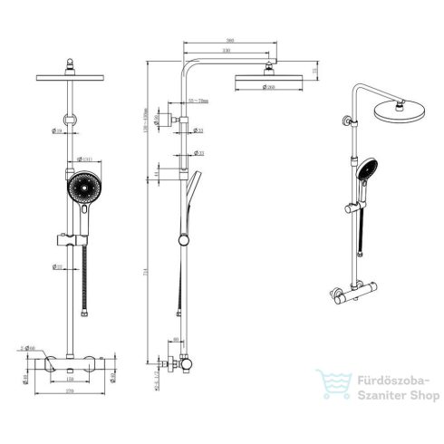 Kielle OUDEE termosztátos zuhanyrendszer 26 cm-es fejzuhannyal,zuhanyszettel,matt fekete 20602014