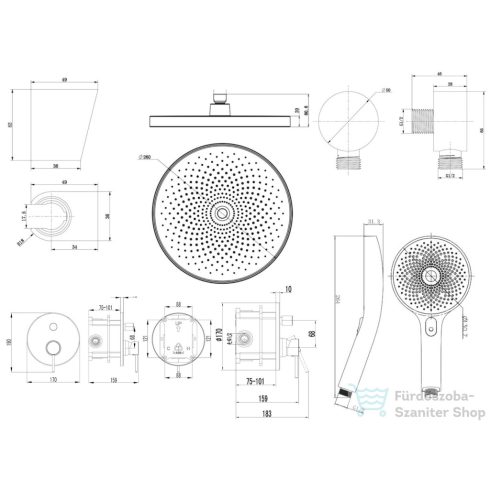 Kielle OUDEE falsík alatti zuhanyrendszer fejzuhannyal, belső egységgel, matt fekete 20602SP24