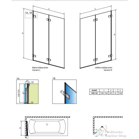 Radaway Arta PND 130 2 részes kádparaván jobbos 210213-01R