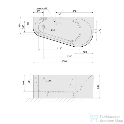 Sapho POLYSAN PROJEKTA DR MONOLITH aszimmetrikus kád, jobbos, falhoz, 156x77x60cm, fehér/fekete (21111MDRB)