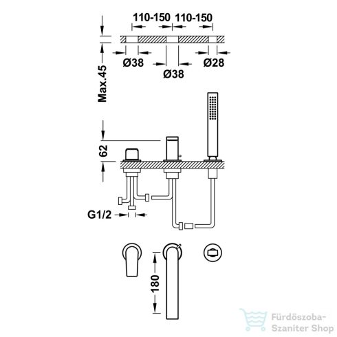 Tres PROJECT-TRES kádtöltő csaptelep, arany 21116101OR