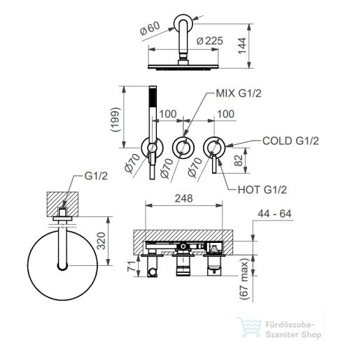 Bugnatese Kobuk falsík alatti komplett zuhanyrendszer 22,5 cm-es esőztetővel,belső egységgel,zuhanyszettel,króm 2201HCR