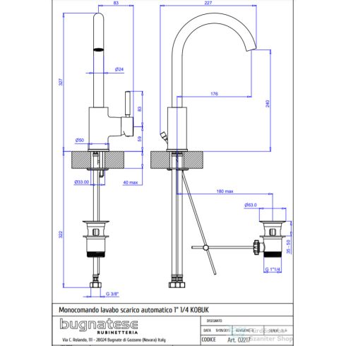 Bugnatese KOBUK magasított mosdó csaptelep automata leeresztővel,arany 2217DO