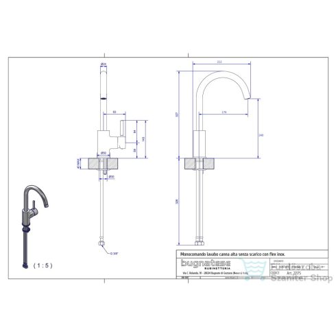 Bugnatese KOBUK magasított mosdó csaptelep leeresztő nélkül,sárgaréz 2217SON