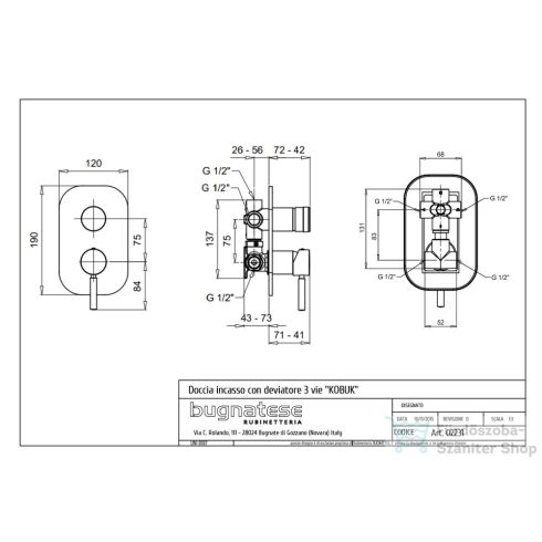 Bugnatese KOBUK 3 utas falsík alatti kád/zuhany csaptelep belső egységgel,arany 2231DO