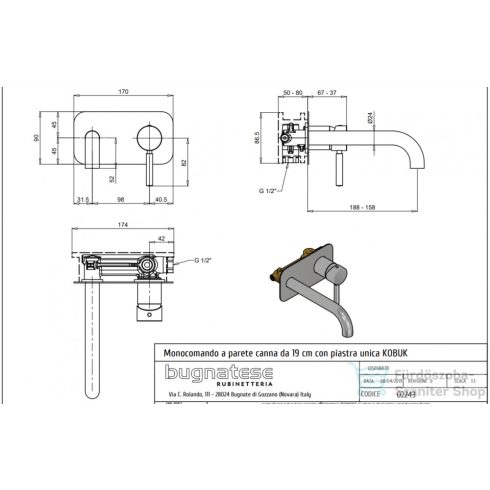 Bugnatese KOBUK Fal alatti mosdócsaptelep 19 cm kifolyóval króm színben, leeresztő nélkül,  2243CR