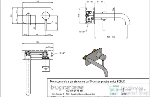 Bugnatese KOBUK falsík alatti mosdócsaptelep 19 cm-es kifolyóval,click-clack leeresztővel,bronz 2243SCBR