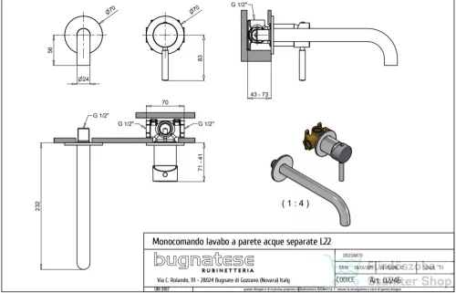Bugnatese KOBUK falsík alatti mosdó csaptelep 22 cm-es kifolyóval,click-clack leeresztővel,Sárgaréz 2246SCON