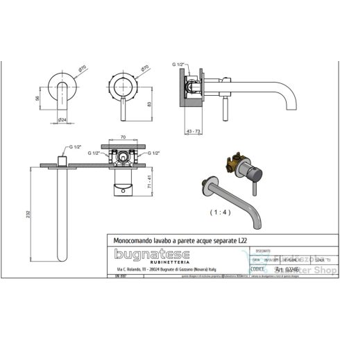 Bugnatese KOBUK falsík alatti mosdó csaptelep 22 cm-es kifolyóval,click-clack leeresztővel,Szálcsiszolt arany 2246SCOS