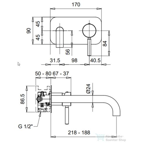 Bugnatese KOBUK Fal alatti mosdócsaptelep 22 cm kifolyóval bronz színben, leeresztő nélkül,  2247BR