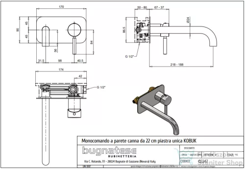 Bugnatese KOBUK falsík alatti mosdócsaptelep 22 cm kifolyóval,leeresztő nélkül,Arany 2247DO
