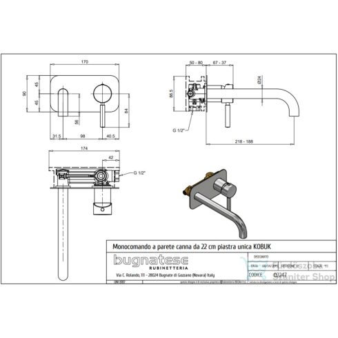 Bugnatese KOBUK falsík alatti mosdócsaptelep 22 cm-es kifolyóval,click-clack leeresztővel,Bronz 2247SCBR