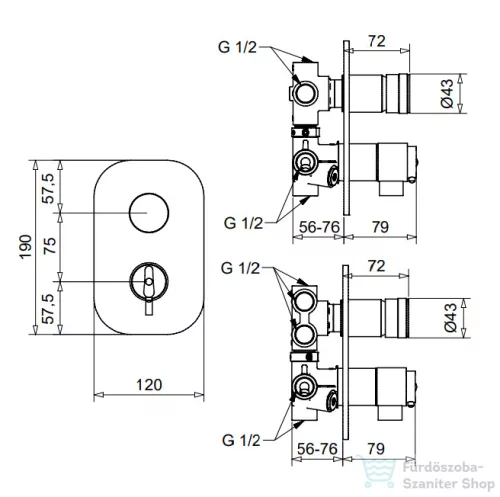 Bugnatese Kobuk 3 utas falsík alatti termosztátos kád/zuhany csaptelep belső egységgel,króm 2253CR