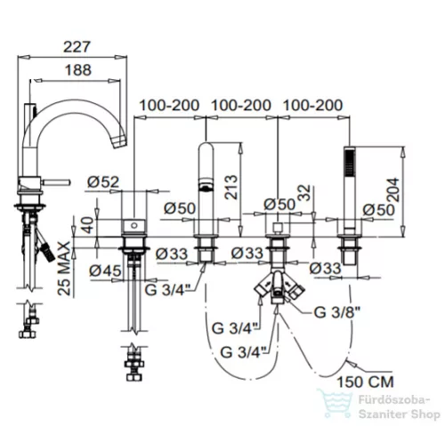 Bugnatese KOBUK Peremre szerelt 4 üléses kádcsaptelep, króm színben 2255