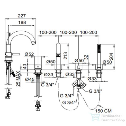Bugnatese KOBUK Peremre szerelt 4 üléses kádcsaptelep, szálcsiszolt nikkel színben 2255NS