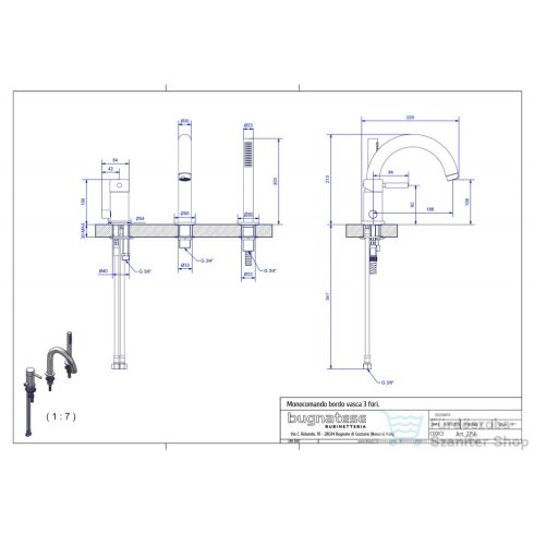 Bugnatese KOBUK Peremre szerelt 3 üléses kádcsaptelep, fekete színben 2256NE