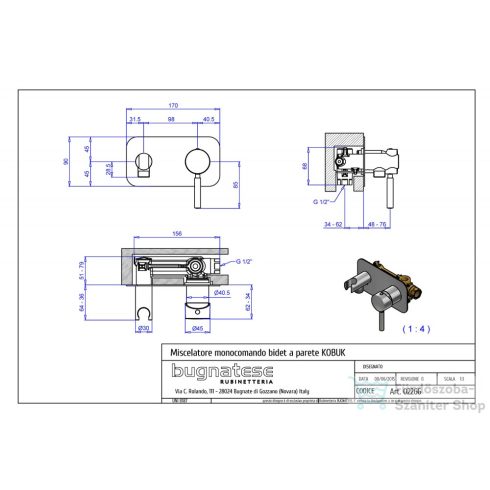Bugnatese KOBUK falsík alatti bidé csaptelep, zuhanyszettel, leeresztő nélkül, bronz 2266BR