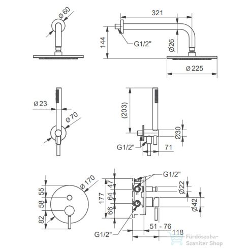 Bugnatese Kobuk falsík alatti komplett zuhanyrendszer 22,5 cm-es esőztetővel,belső egységgel,zuhanyszettel,szálcsiszolt arany 2274OS