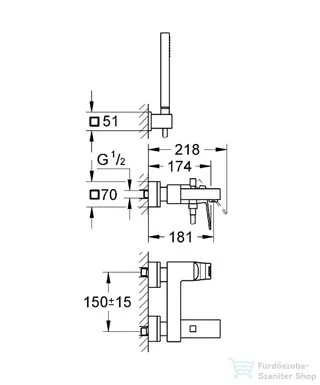 Grohe EUROCUBE egykaros kádcsaptelep, 1/2? zuhanyszettel, króm 23141000