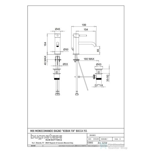 Bugnatese KOBUK FIX mosdó csaptelep 15,5 cm-es kifolyóval,automata leeresztővel,sárgaréz 2314ON