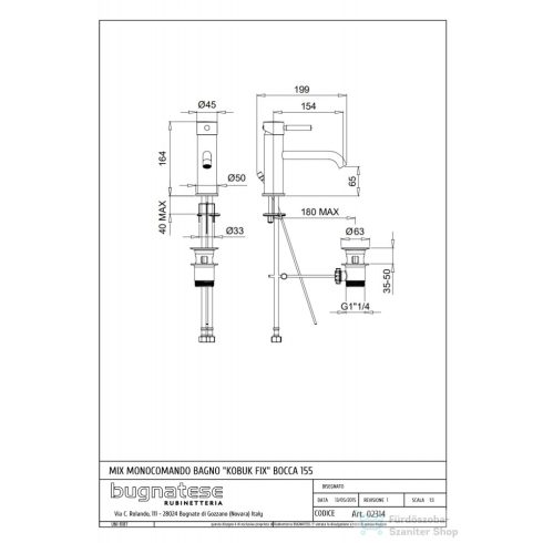 Bugnatese KOBUK FIX mosdó csaptelep, 15,5 cm-es kifolyóval, automata leeresztővel, szálcsiszolt arany 2314OS